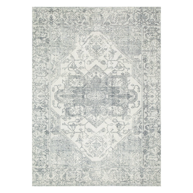 Mist Distressed Medallion Cream Blue Washable Rug