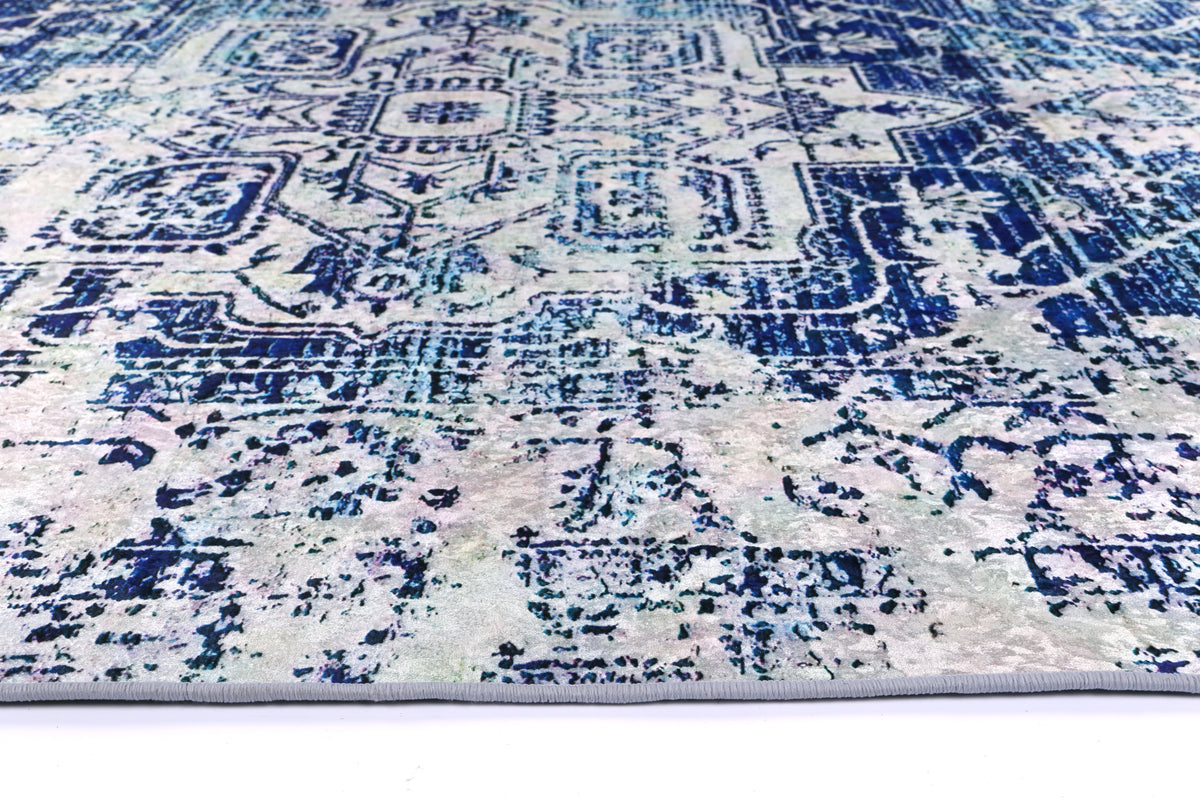 Kinetic Distressed Navy White Traditional Non-Slip Rug - ANGE09