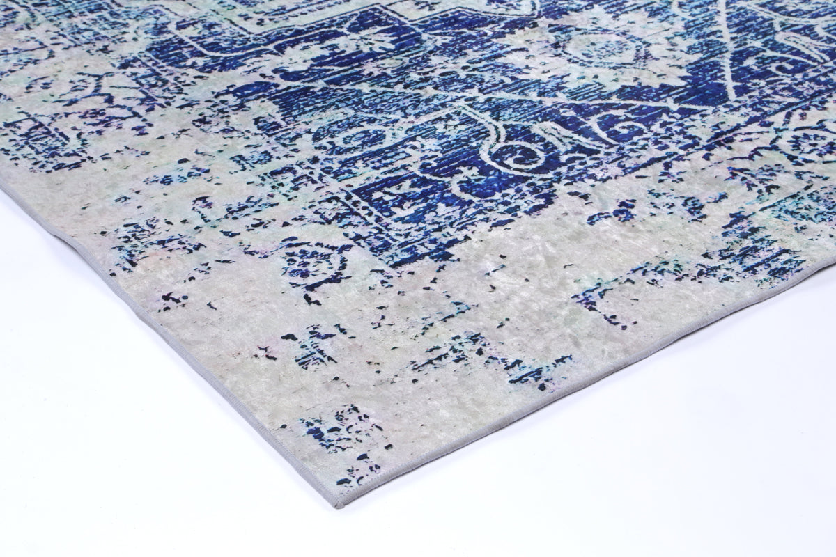 Kinetic Distressed Navy White Traditional Non-Slip Rug - ANGE09