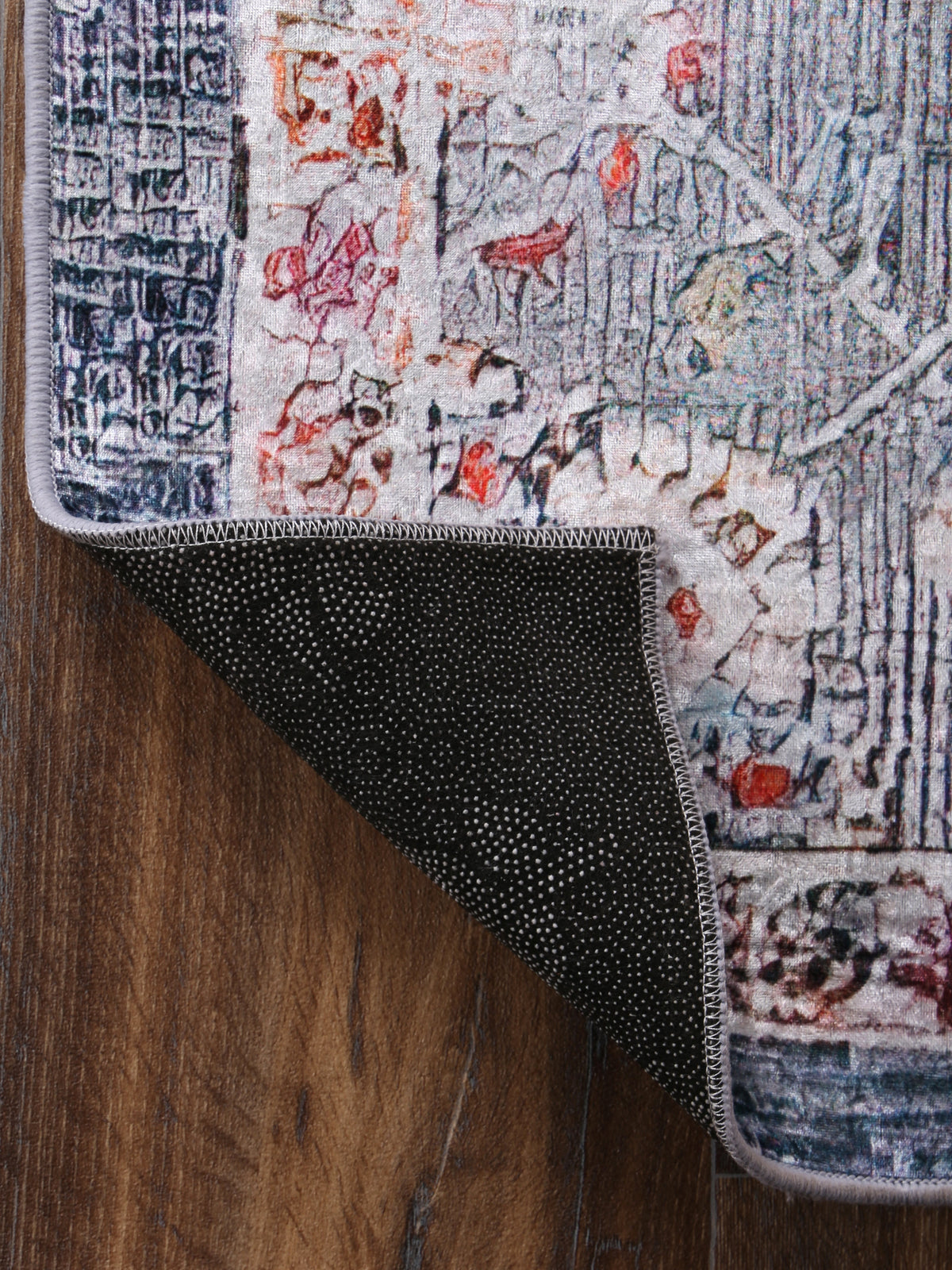 Kinetic Distressed Floral Grey Multi Non-Slip Rug - ANGE12