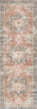 Distressed Vintage Cezanne Terracotta Blue Washable Runner - VITAL 1610-01