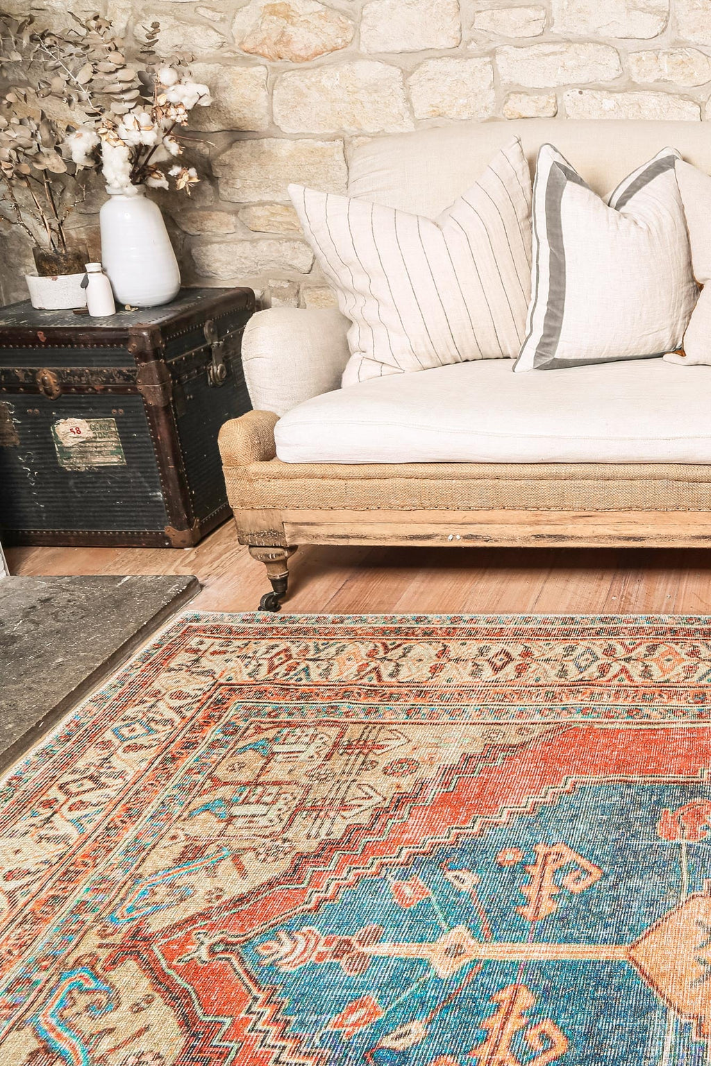 Distressed Louvre Rustic Blue Washable Rug - VITAL 3181-00