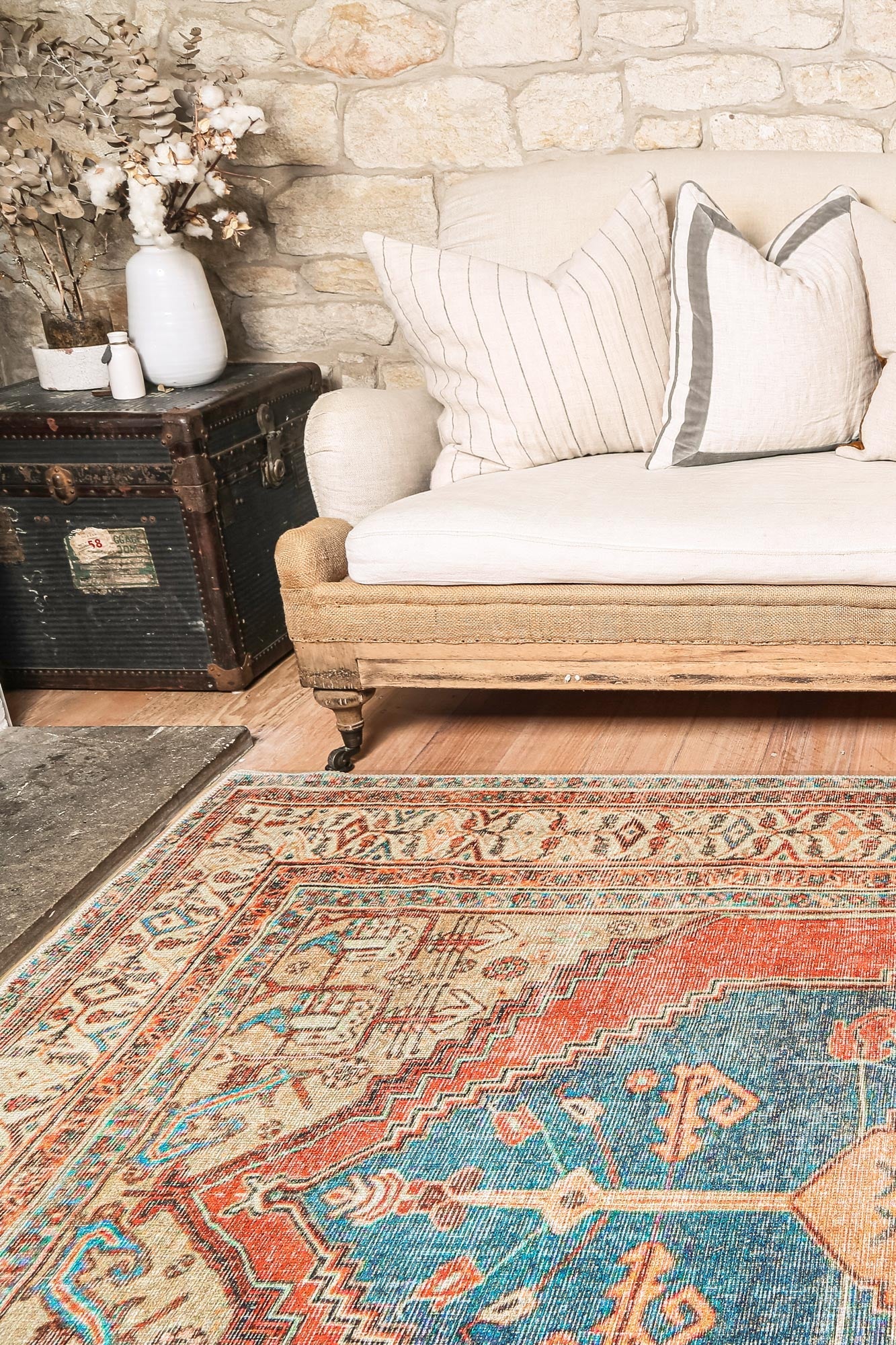 Distressed Louvre Rustic Blue Washable Rug - VITAL 3181-00