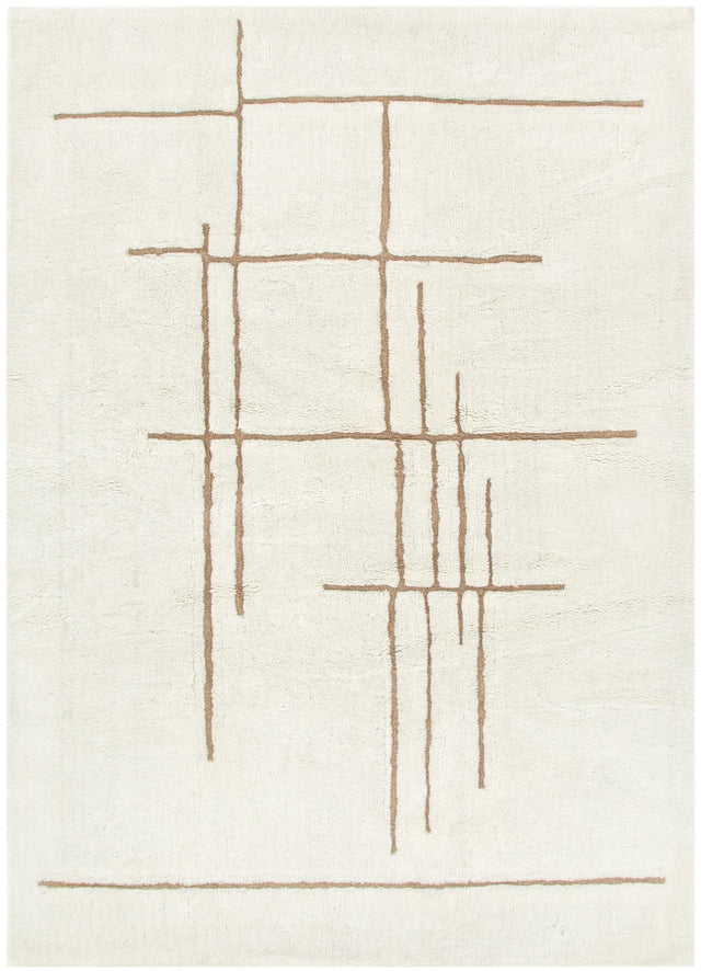 Moorland Abstract Beige Lines Washable Wool Rug