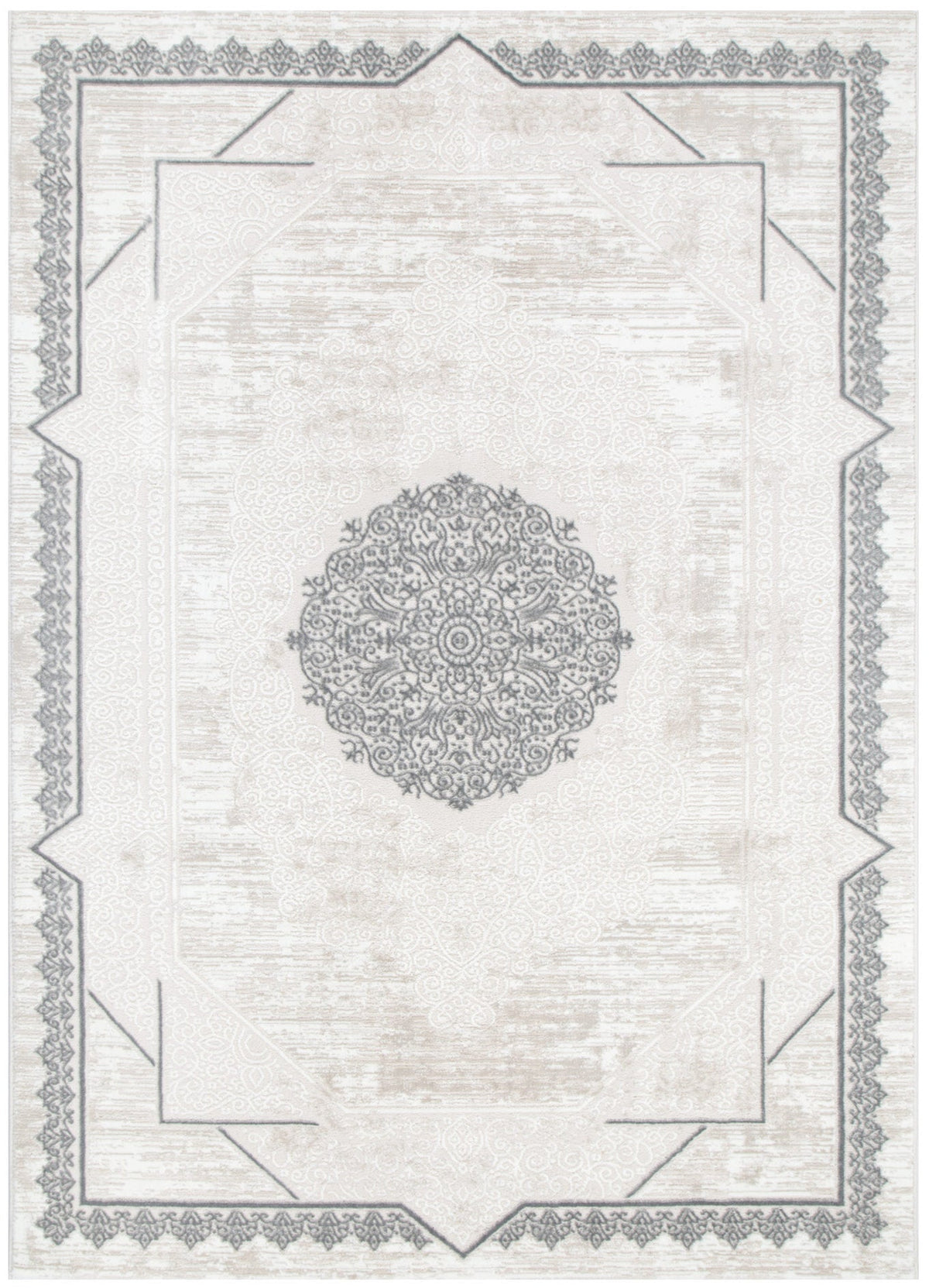 Positano Oriental Border Medallion Cream Grey Rug - AMAL07