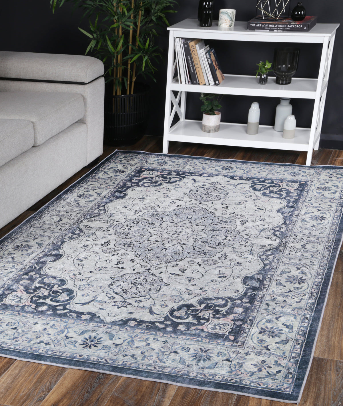 Kinetic Navy Medallion Non-Slip Rug - ANGE02