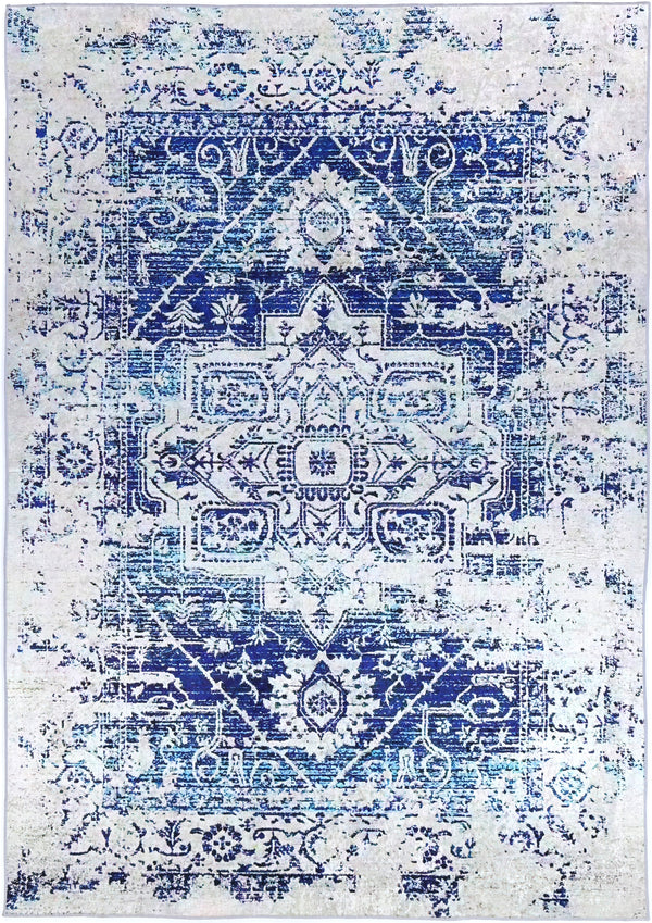 Kinetic Distressed Navy White Traditional Non-Slip Rug - ANGE09