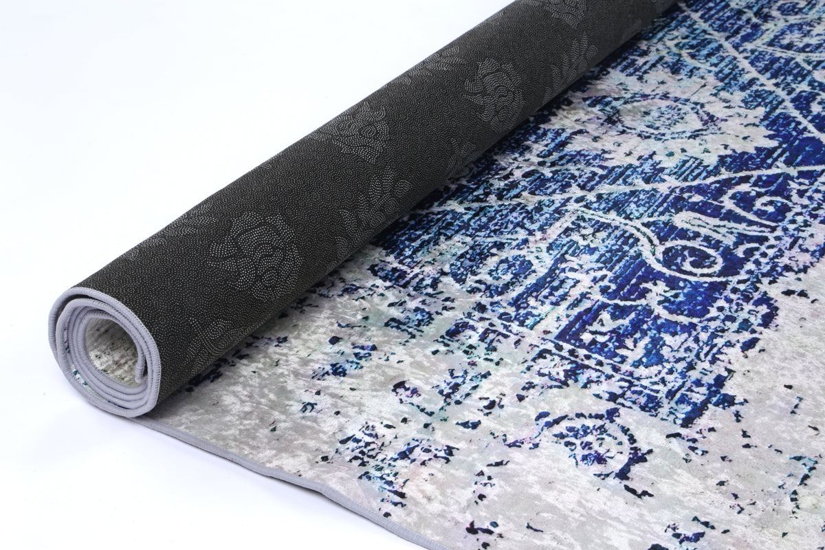 Kinetic Distressed Navy White Traditional Non-Slip Rug - ANGE09