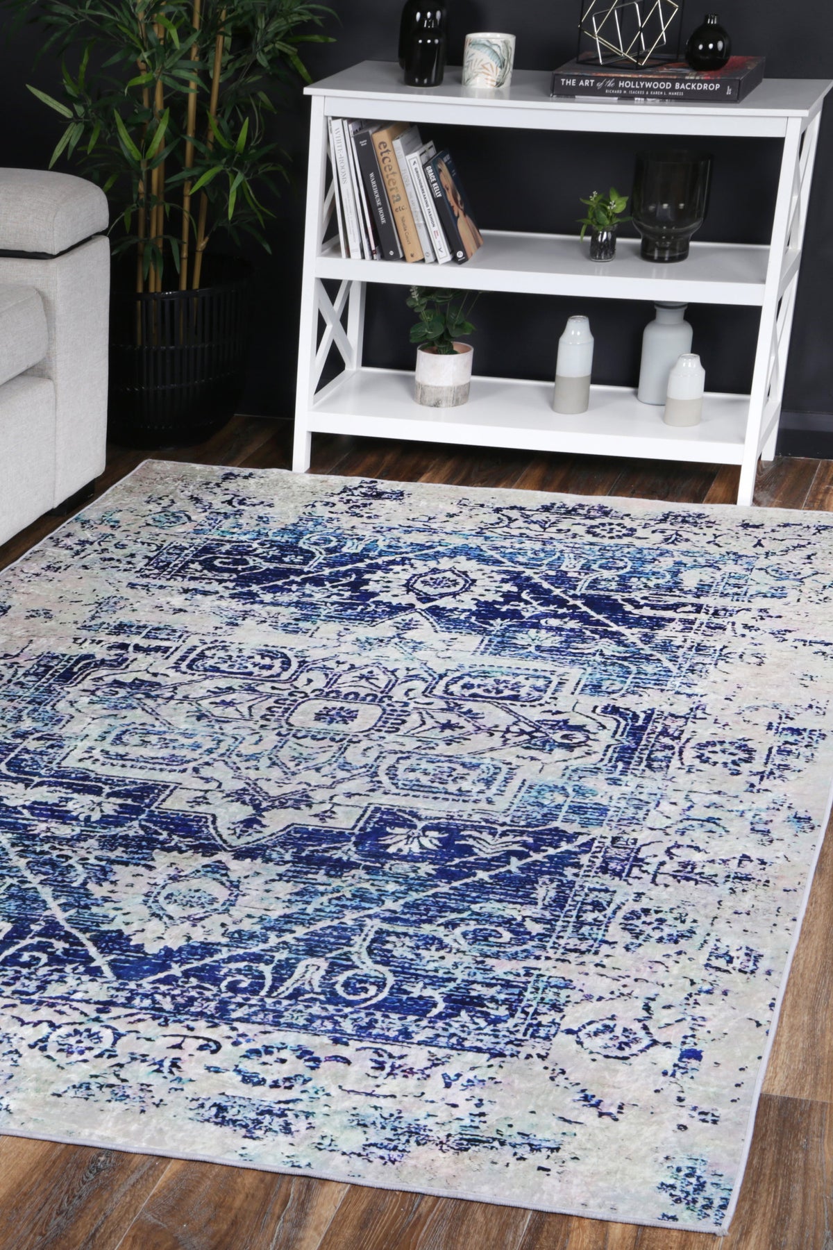Kinetic Distressed Navy White Traditional Non-Slip Rug - ANGE09