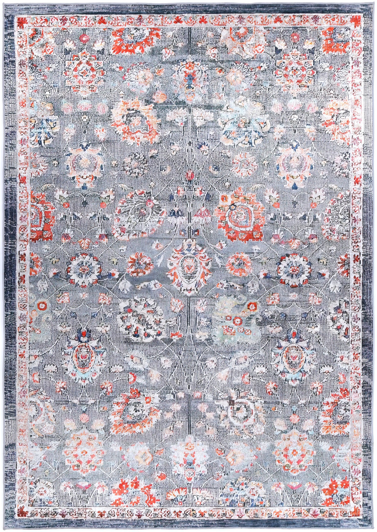 Kinetic Distressed Floral Grey Multi Non-Slip Rug - ANGE12