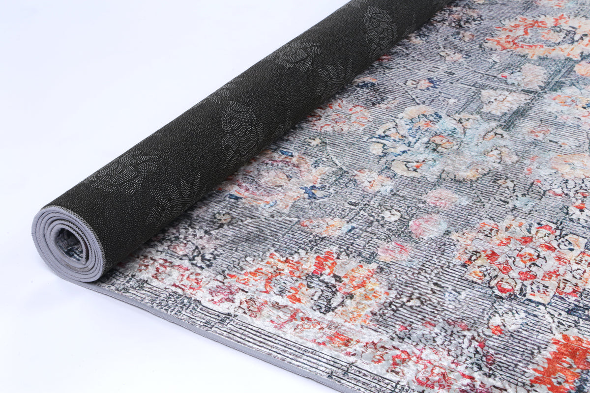 Kinetic Distressed Floral Grey Multi Non-Slip Rug - ANGE12