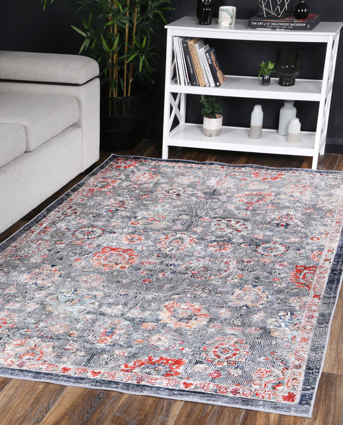 Kinetic Distressed Floral Grey Multi Non-Slip Rug - ANGE12