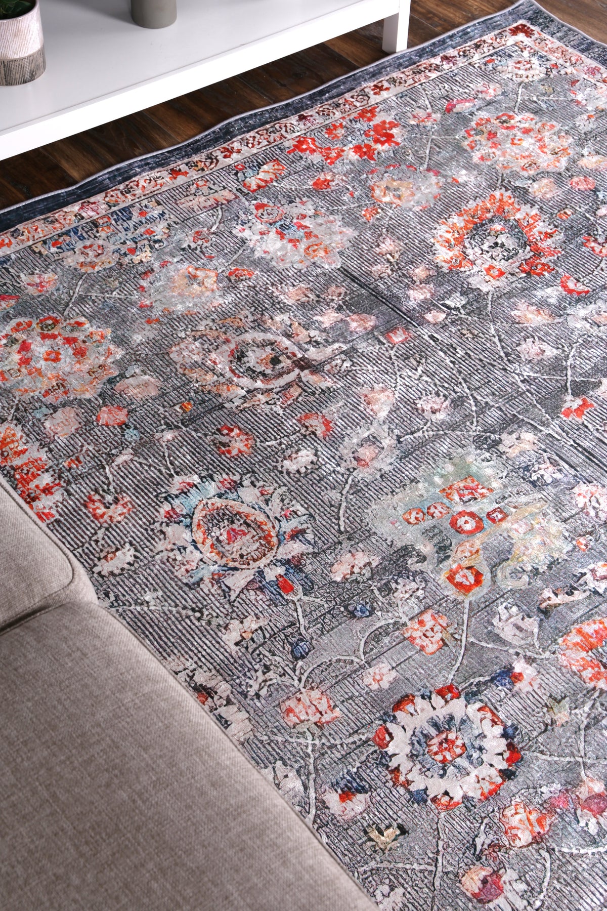 Kinetic Distressed Floral Grey Multi Non-Slip Rug - ANGE12