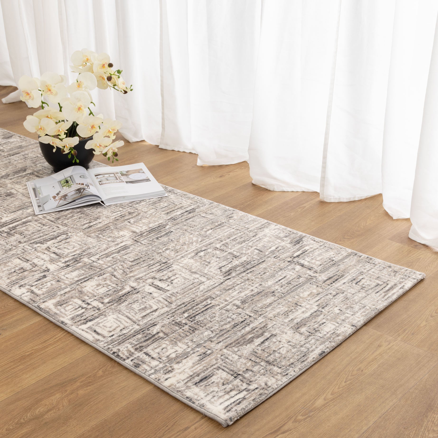 Atina Distressed Geo Squares Grey Rug - AT03