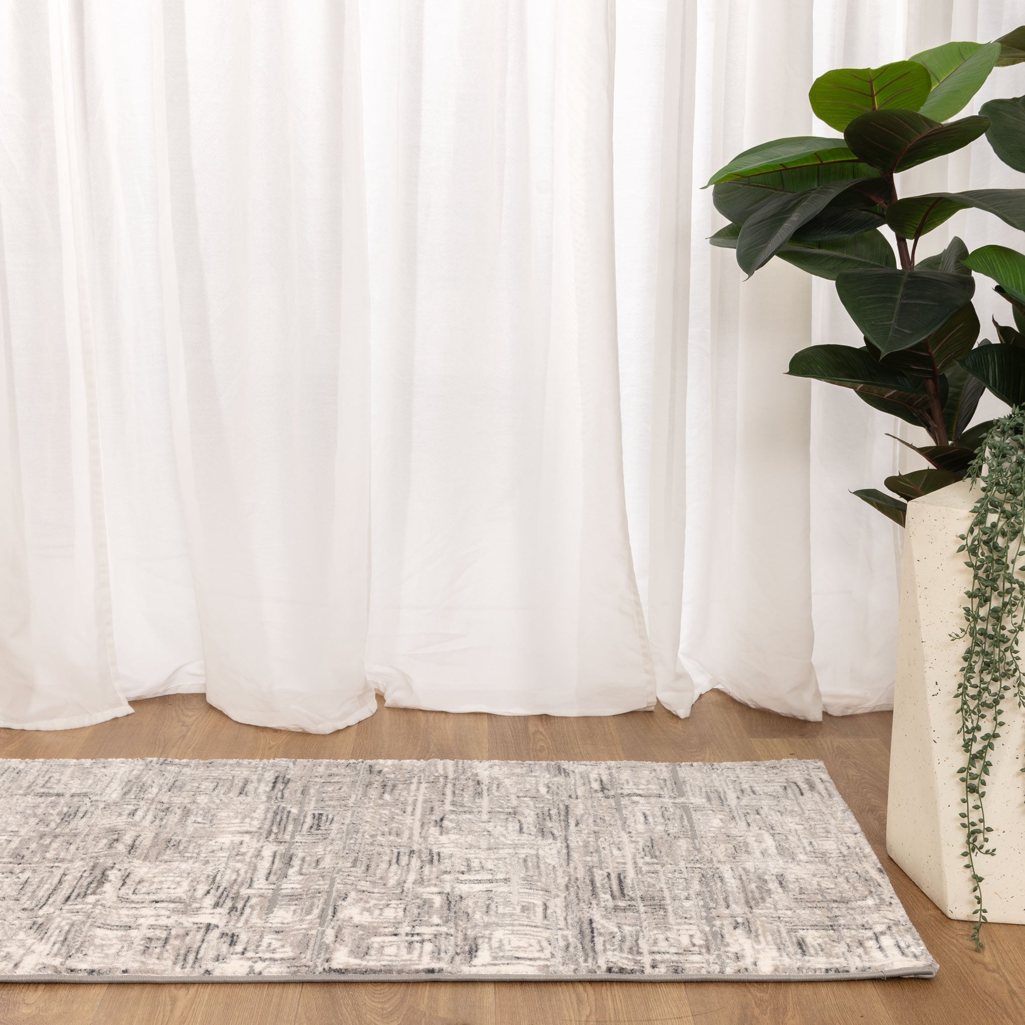 Atina Distressed Geo Squares Grey Rug - AT03