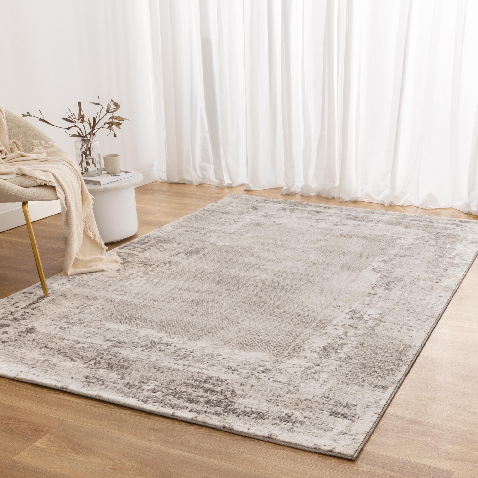Atina Distressed Border Beige Grey Rug - AT04