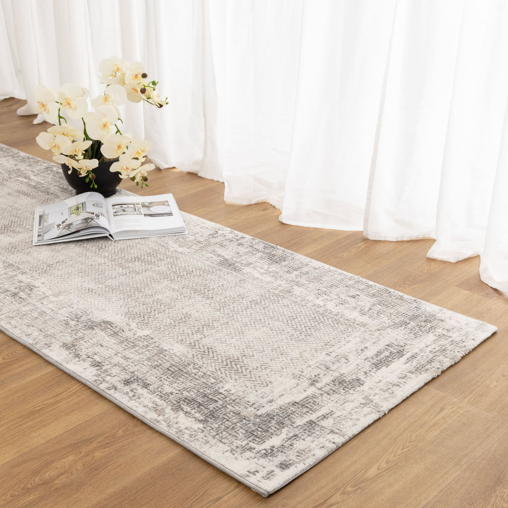 Atina Distressed Border Beige Grey Rug - AT04