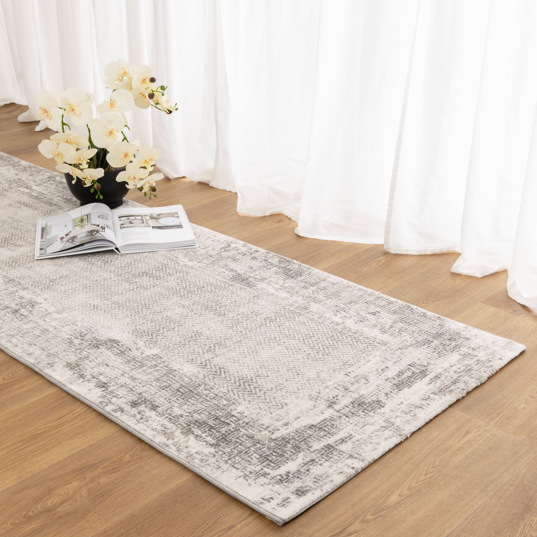 Atina Distressed Border Beige Grey Rug - AT04