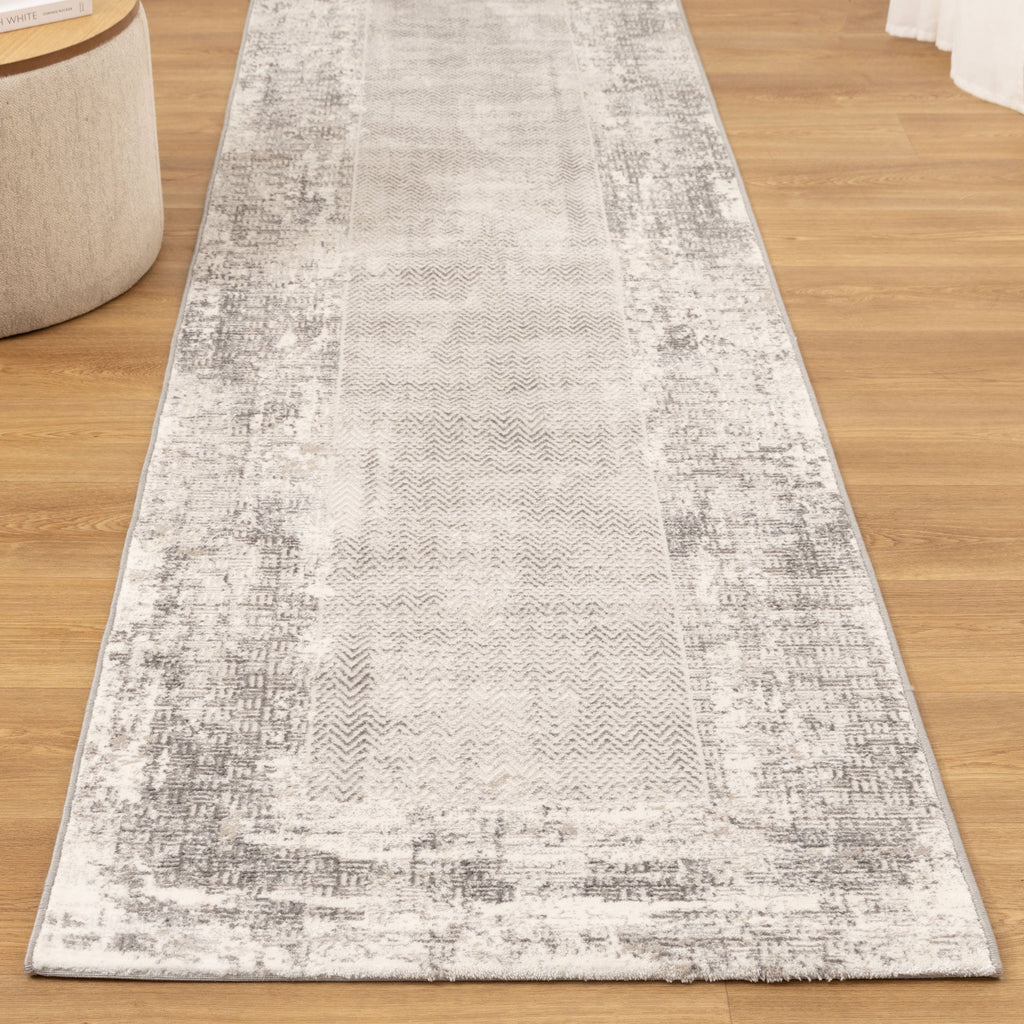 Atina Distressed Border Beige Grey Rug - AT04