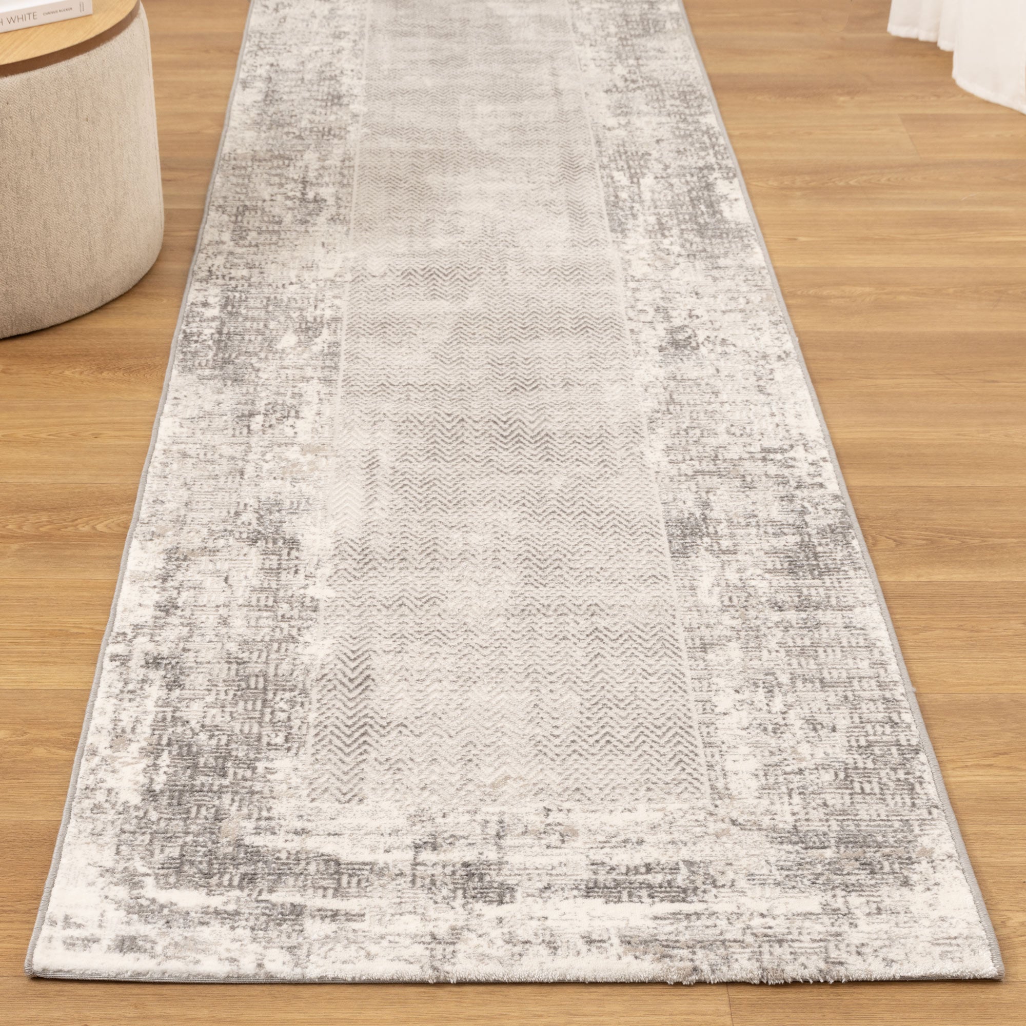 Atina Distressed Border Beige Grey Rug - AT04