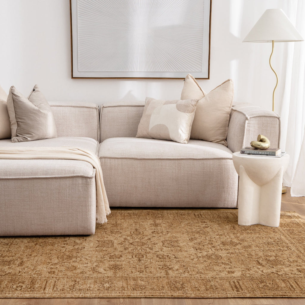 Heritage Distressed Border Mustard Rug - H105: (Different Tassel)
