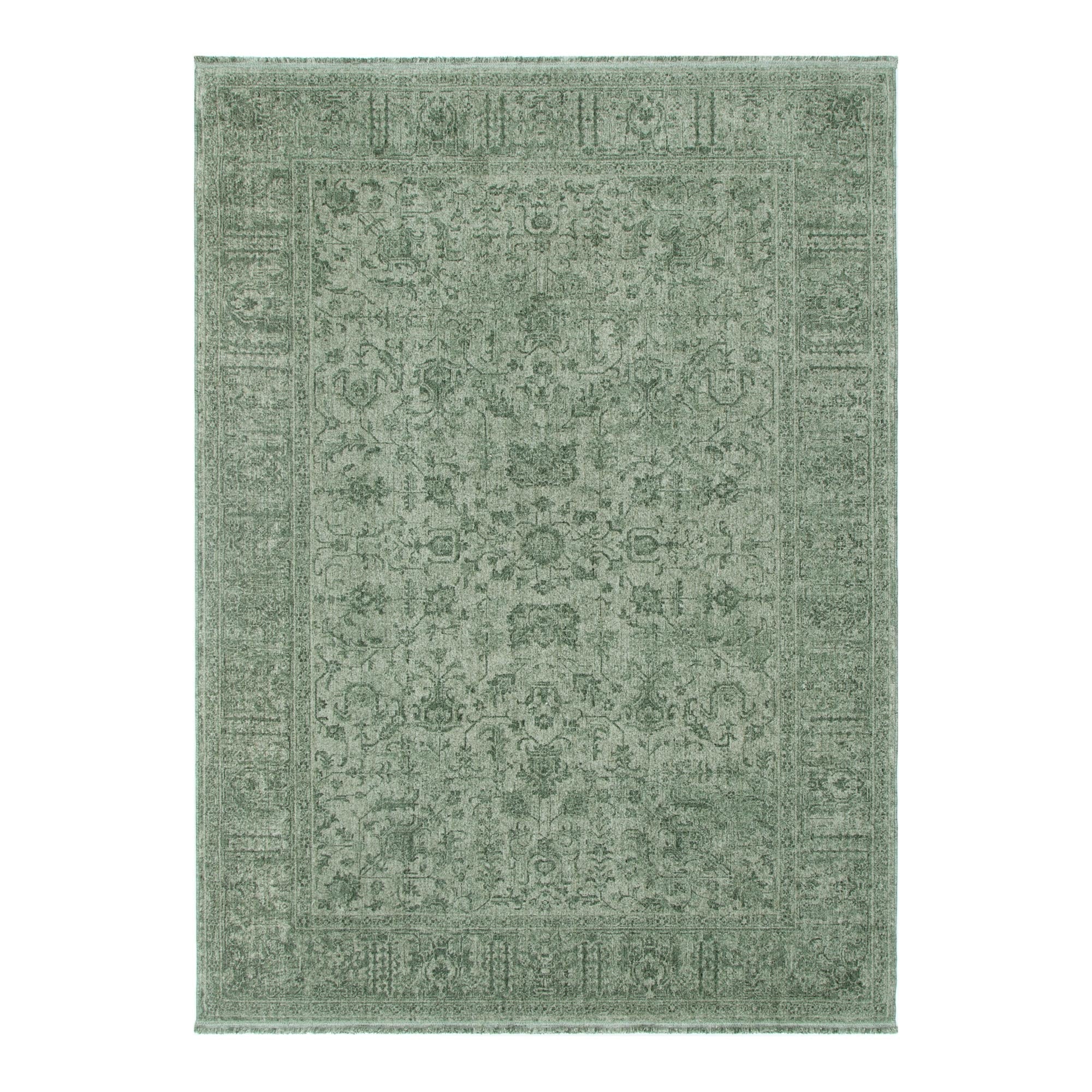 Heritage Distressed Border Green Rug - H107: (Different Tassel)