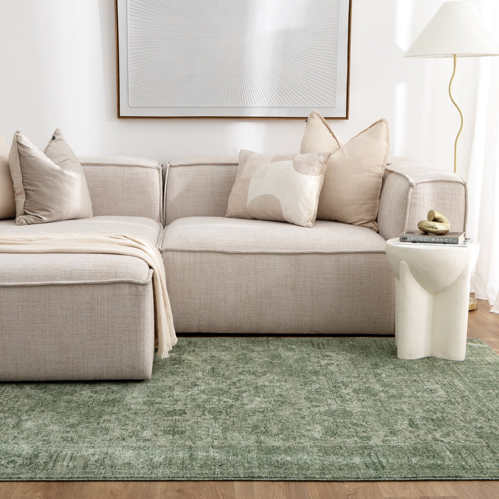 Heritage Distressed Border Green Rug - H107: (Different Tassel)