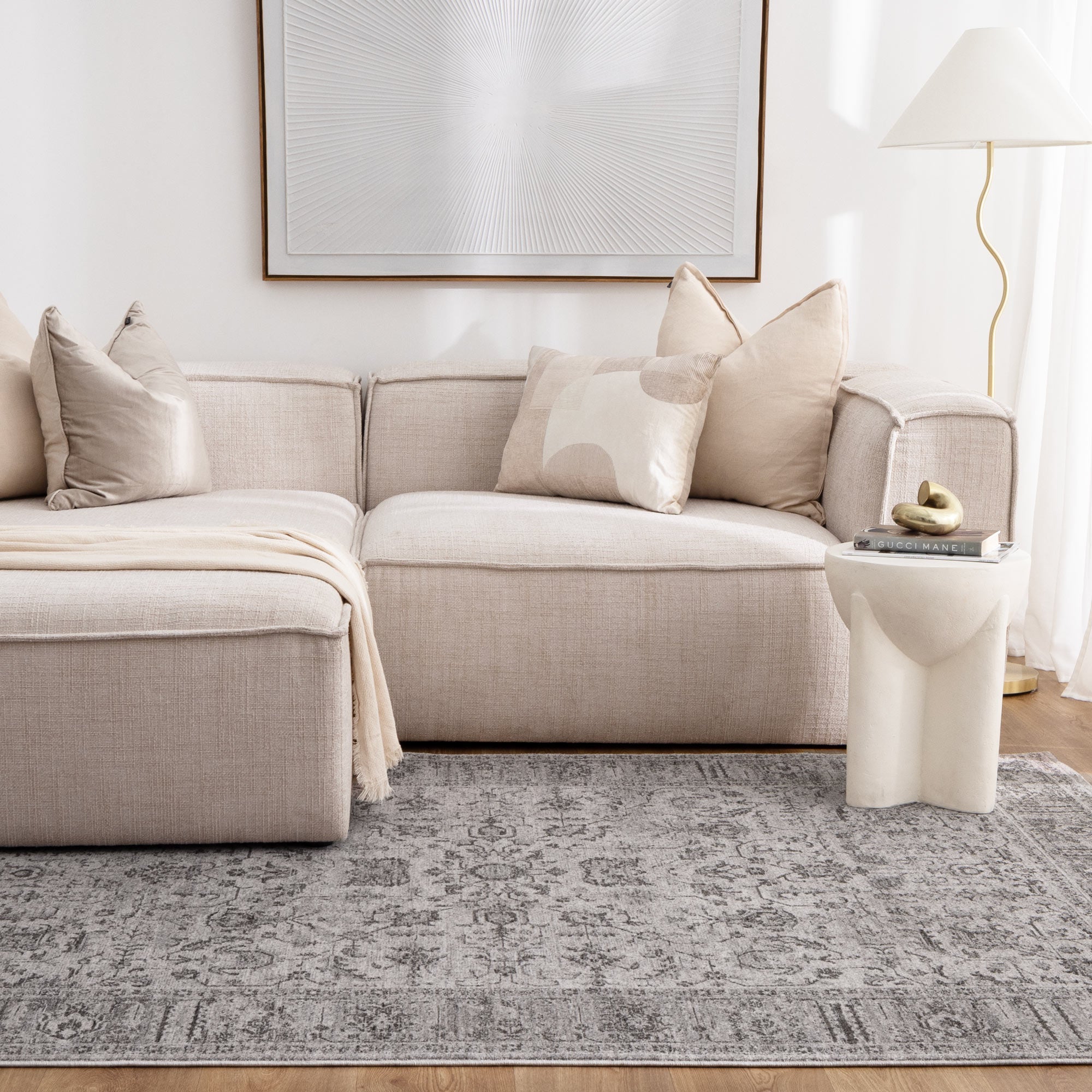 Heritage Distressed Border Grey Rug - H108: (Different Tassel)