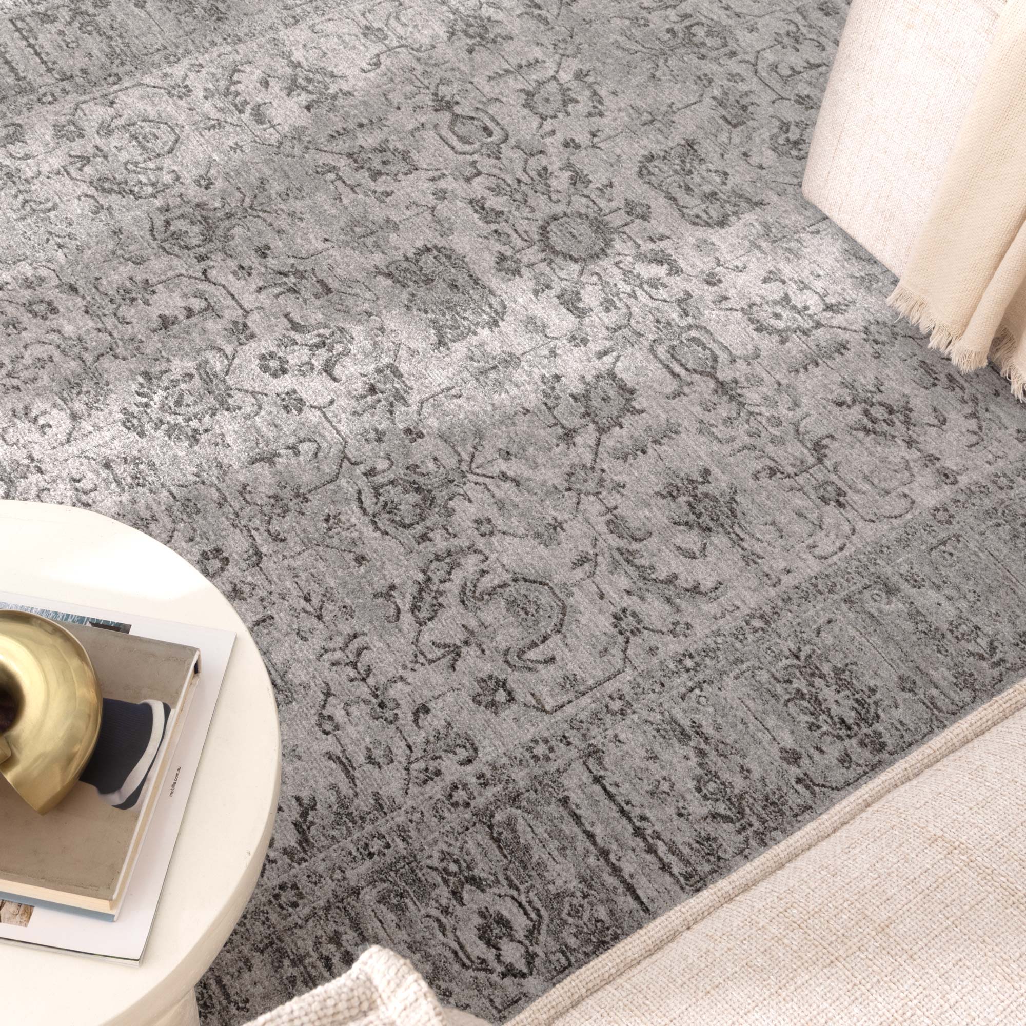 Heritage Distressed Border Grey Rug - H108: (Different Tassel)