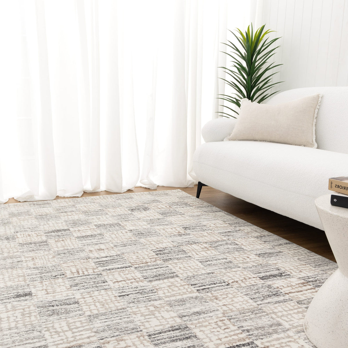 Emerald Distressed Checkers Grey Beige Rug - JADE004