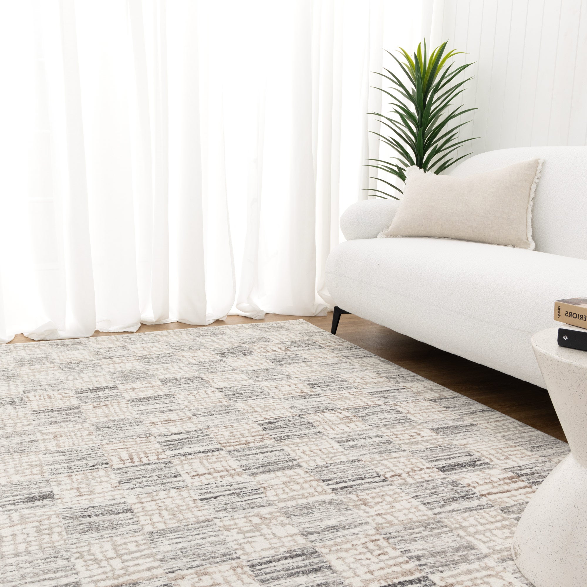 Jade Distressed Checkers Grey Beige Rug - JADE004