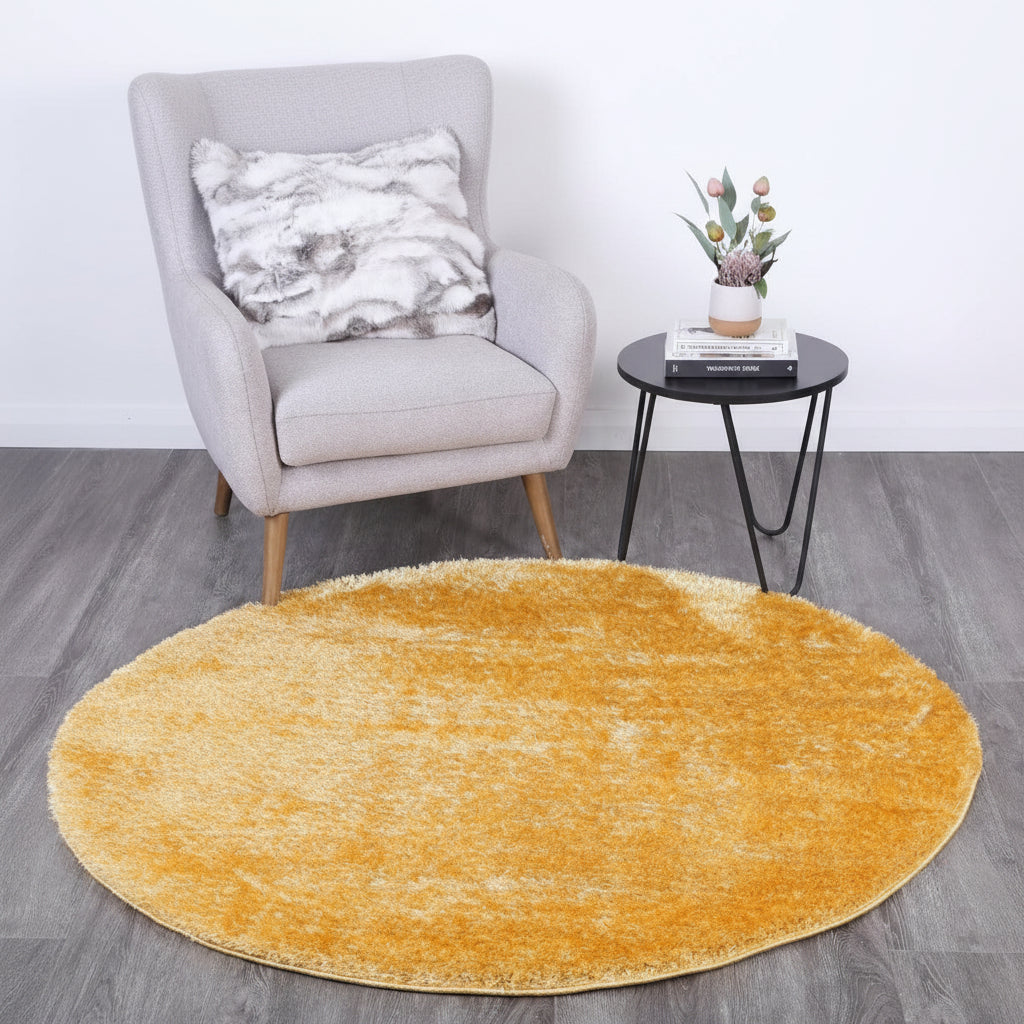 Puffy Soft Shag Round Rug Mustard