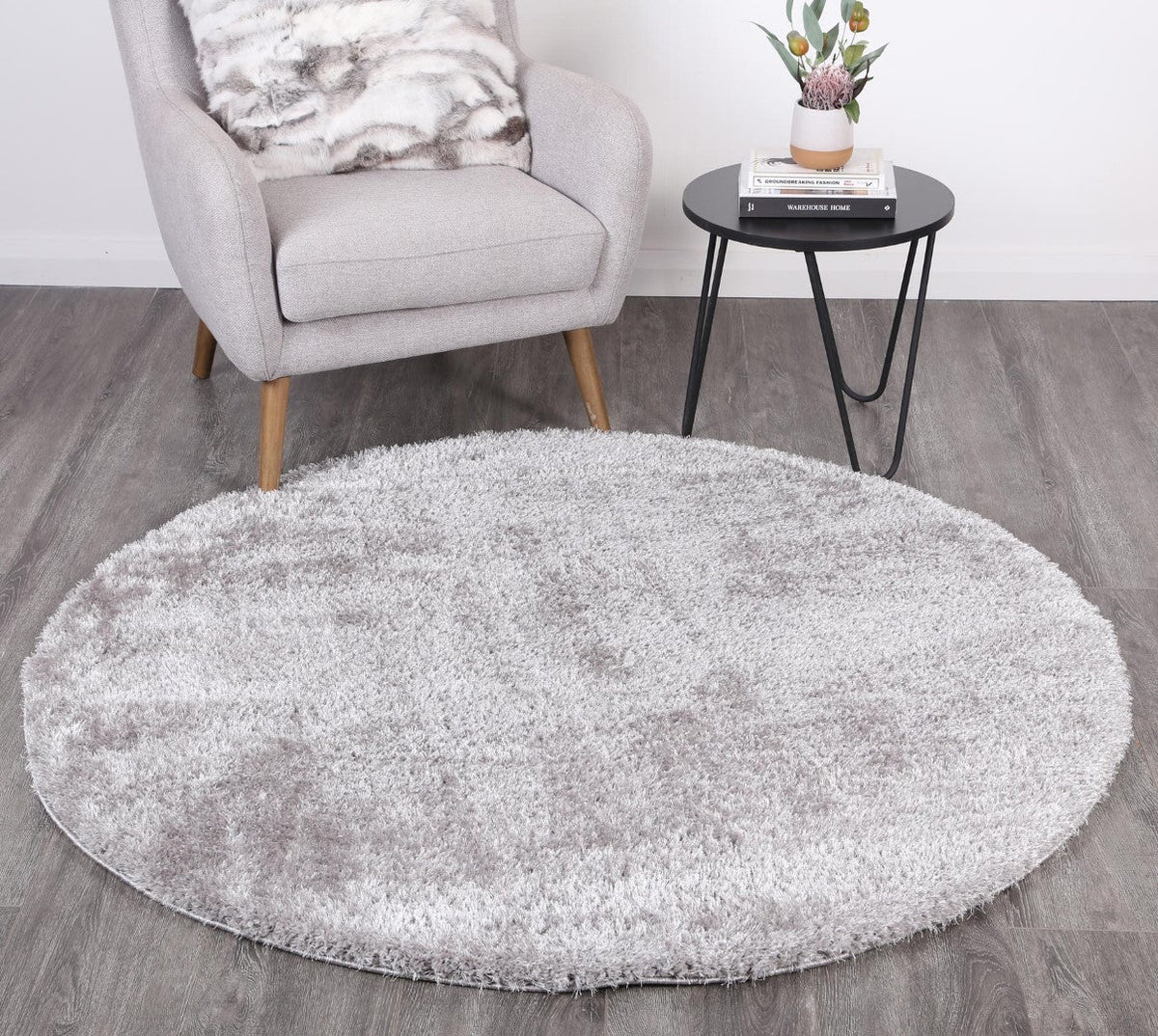 Plush Soft Shag Round Rug Grey