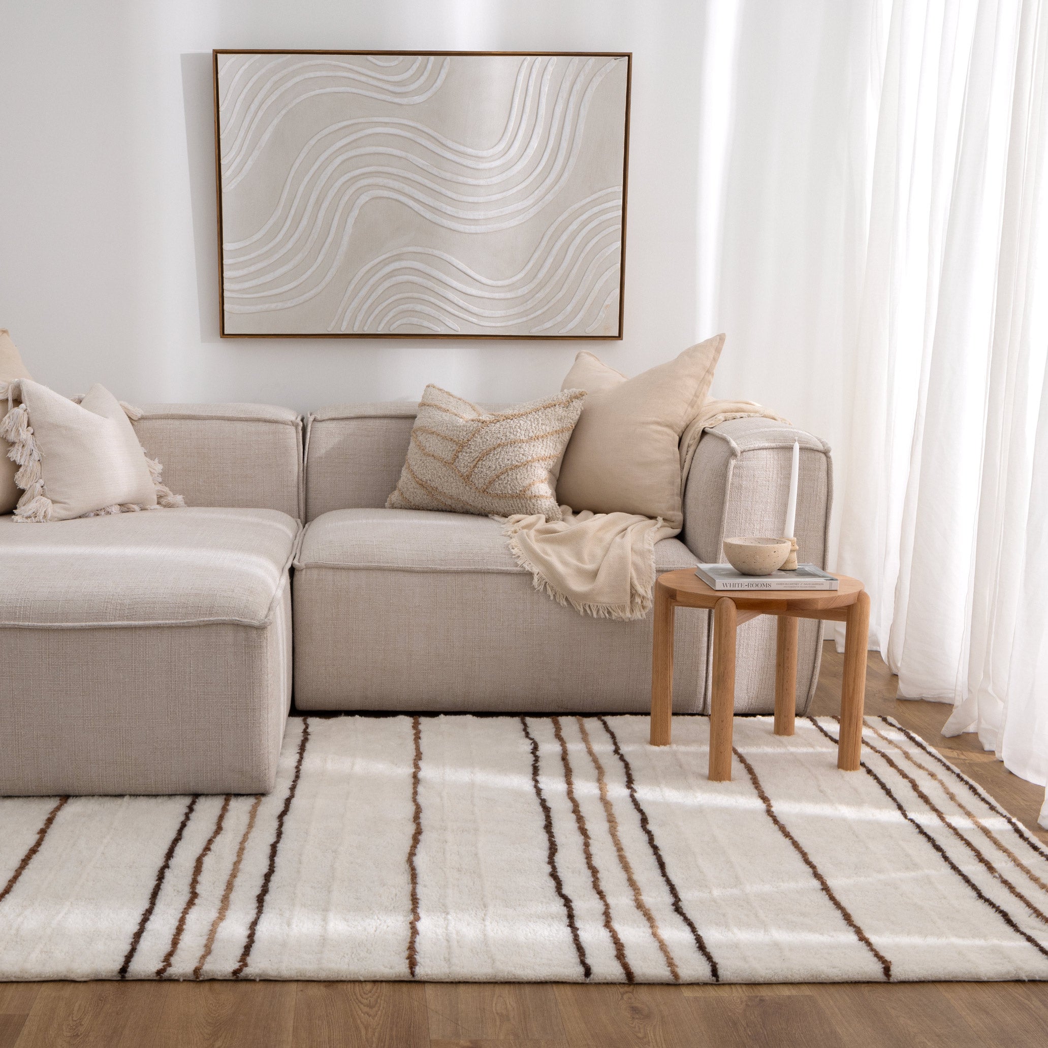Highlands Beige Stripe Washable Wool Rug