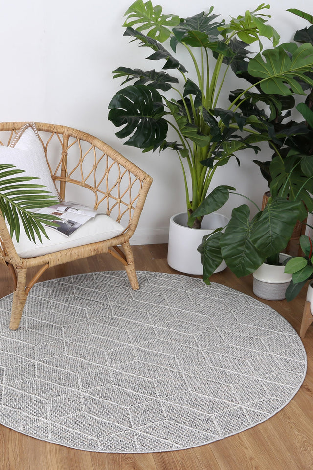 Vanuatu Isle Sikua Grey Geometric Round Flatweave Rug