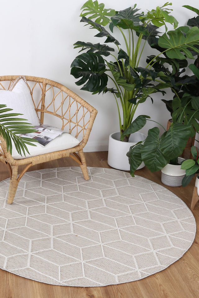 Vanuatu Isle Maemae Beige Geometric Round Flatweave Rug