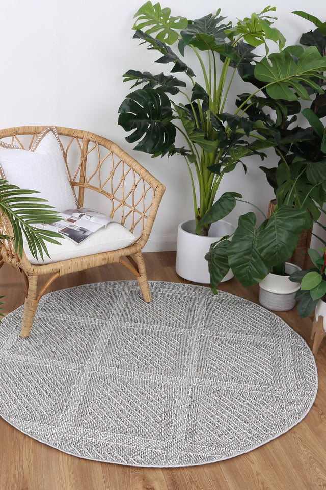 Vanuatu Isle Vouza Grey Geometric Round Flatweave Rug
