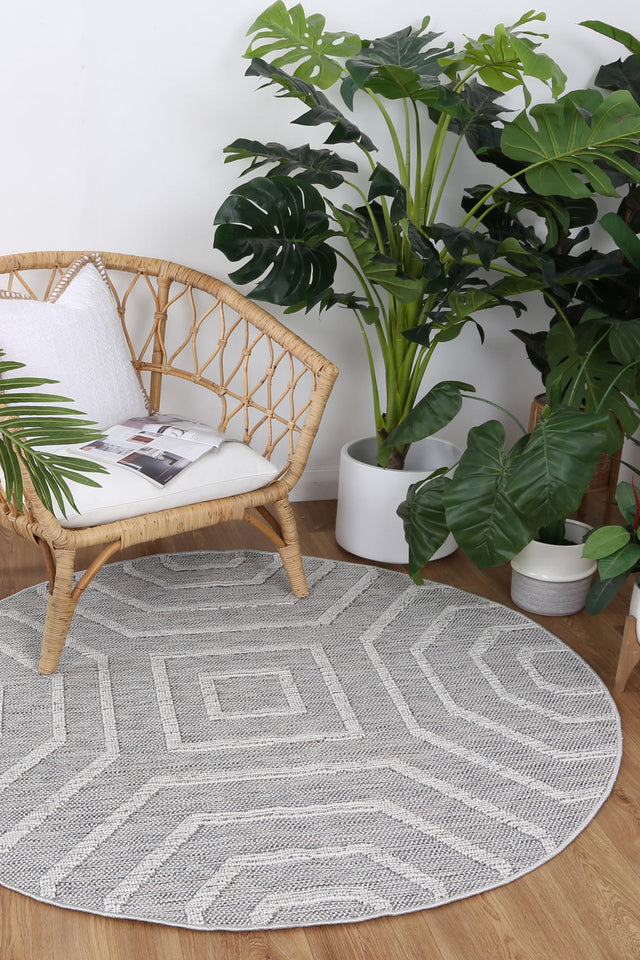 Vanuatu Isle Devesi Grey Geometric Round Flatweave Rug