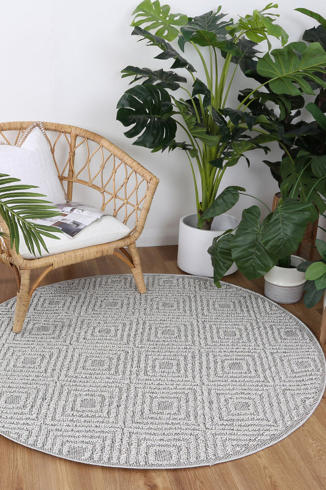 Vanuatu Isle Fugui Grey Geometric Round Flatweave Rug