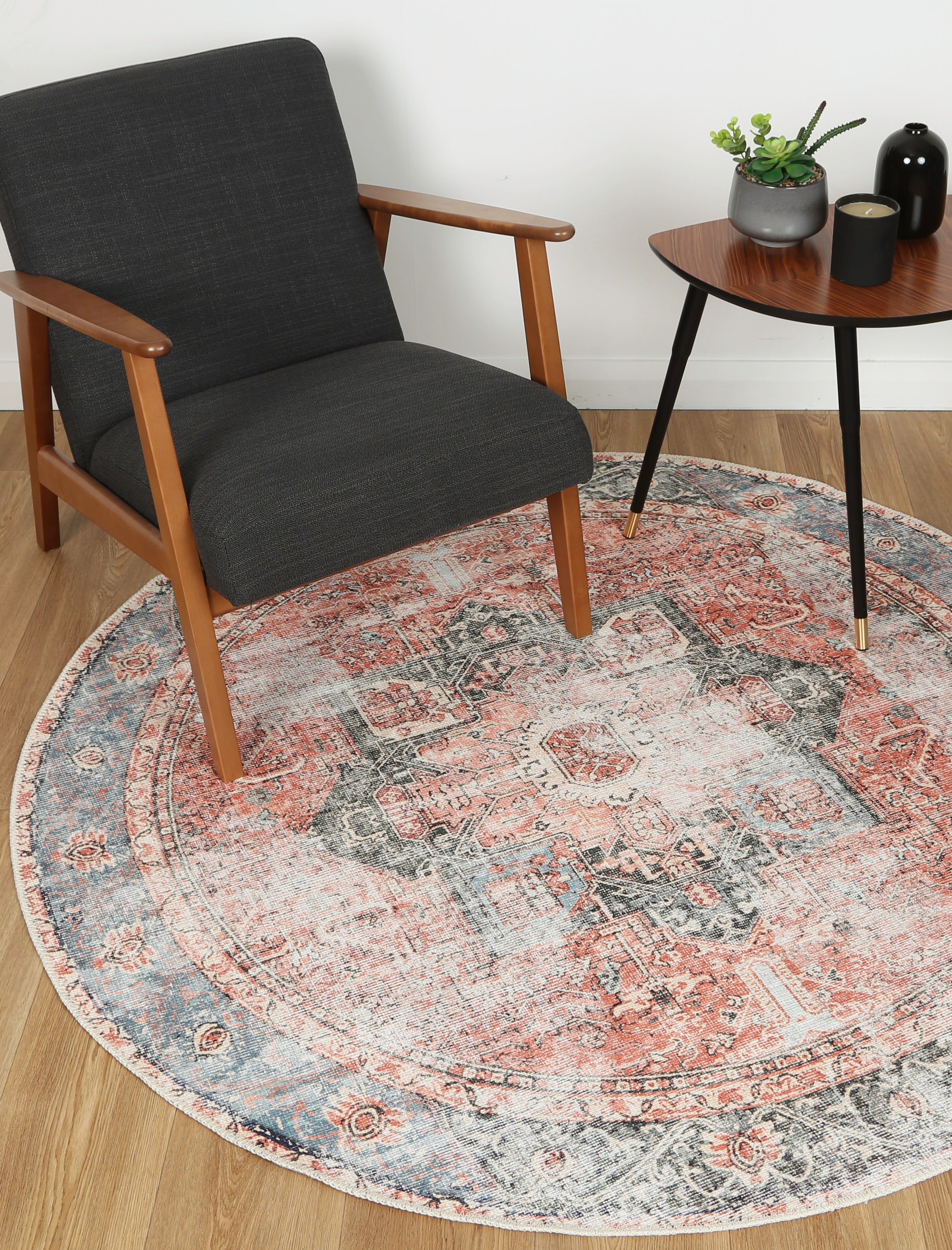 Distressed Vintage Cezanne Terracotta Blue Washable Round Rug - VITAL 1610-01