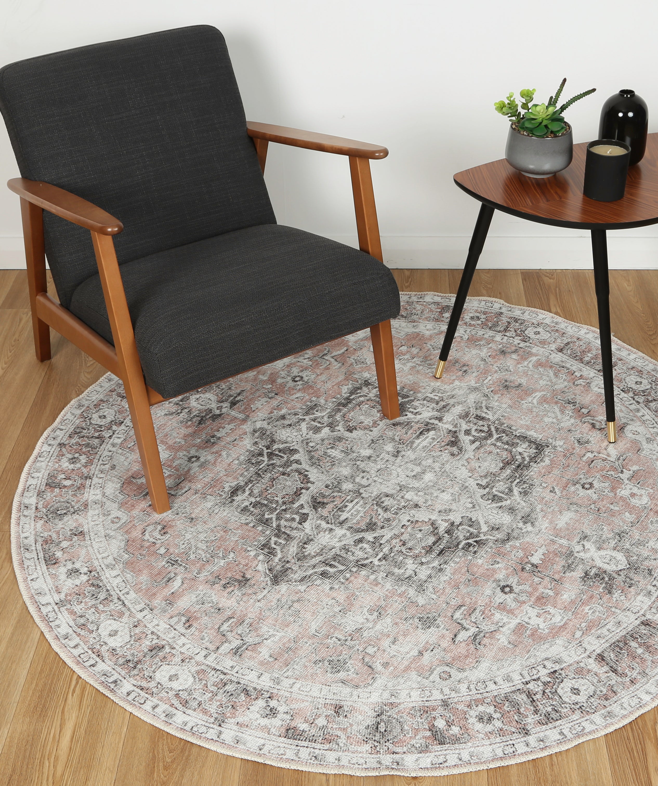 Distressed Vintage Cezanne Blush Washable Round Rug - VITAL 3082-11