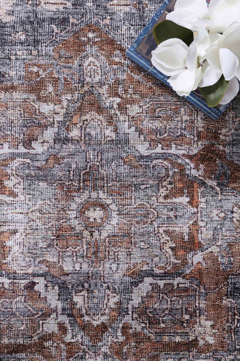 Distressed Vintage Cezanne Rabbit Gray Inca Gold Area Rug - VITAL 2244-04 (with fringe)