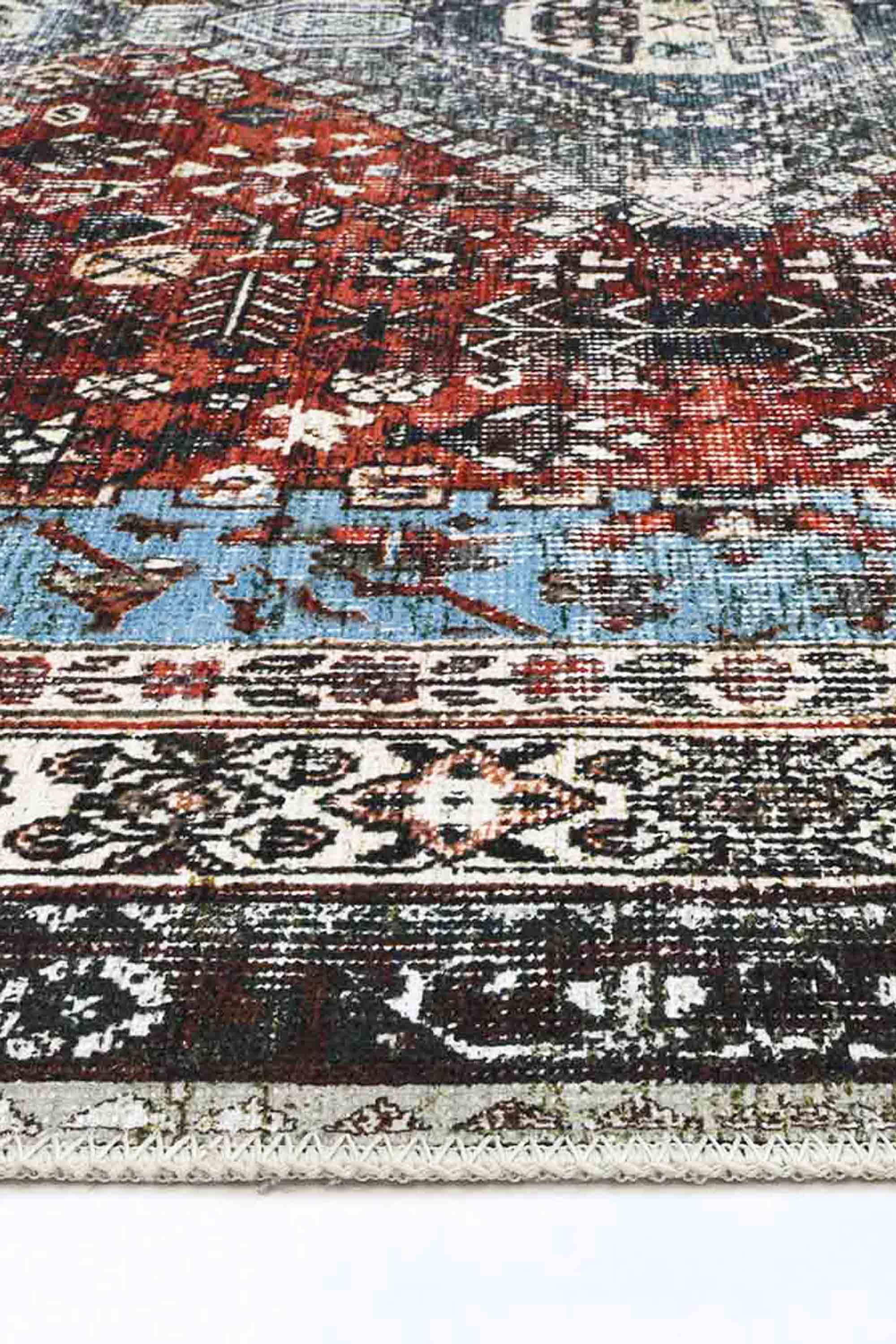 Loane Distressed Vintage Ruby & Sky Blue Rug - VITAL 2923-00 (with fringe)