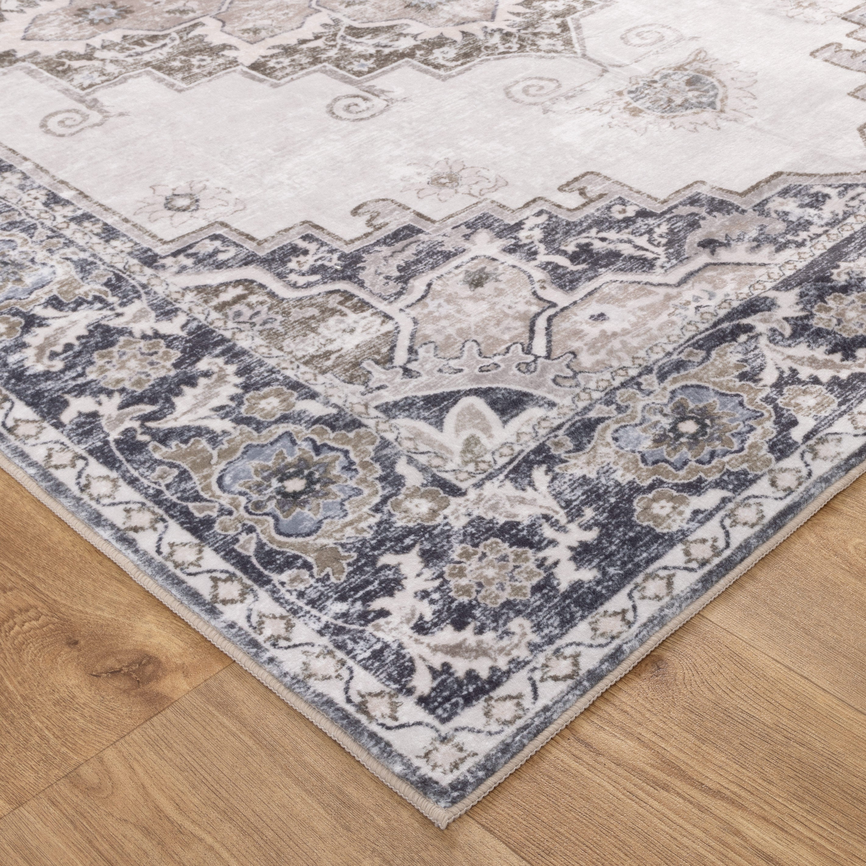 Washwell Beige Grey Machine Washable Rug - WASH004