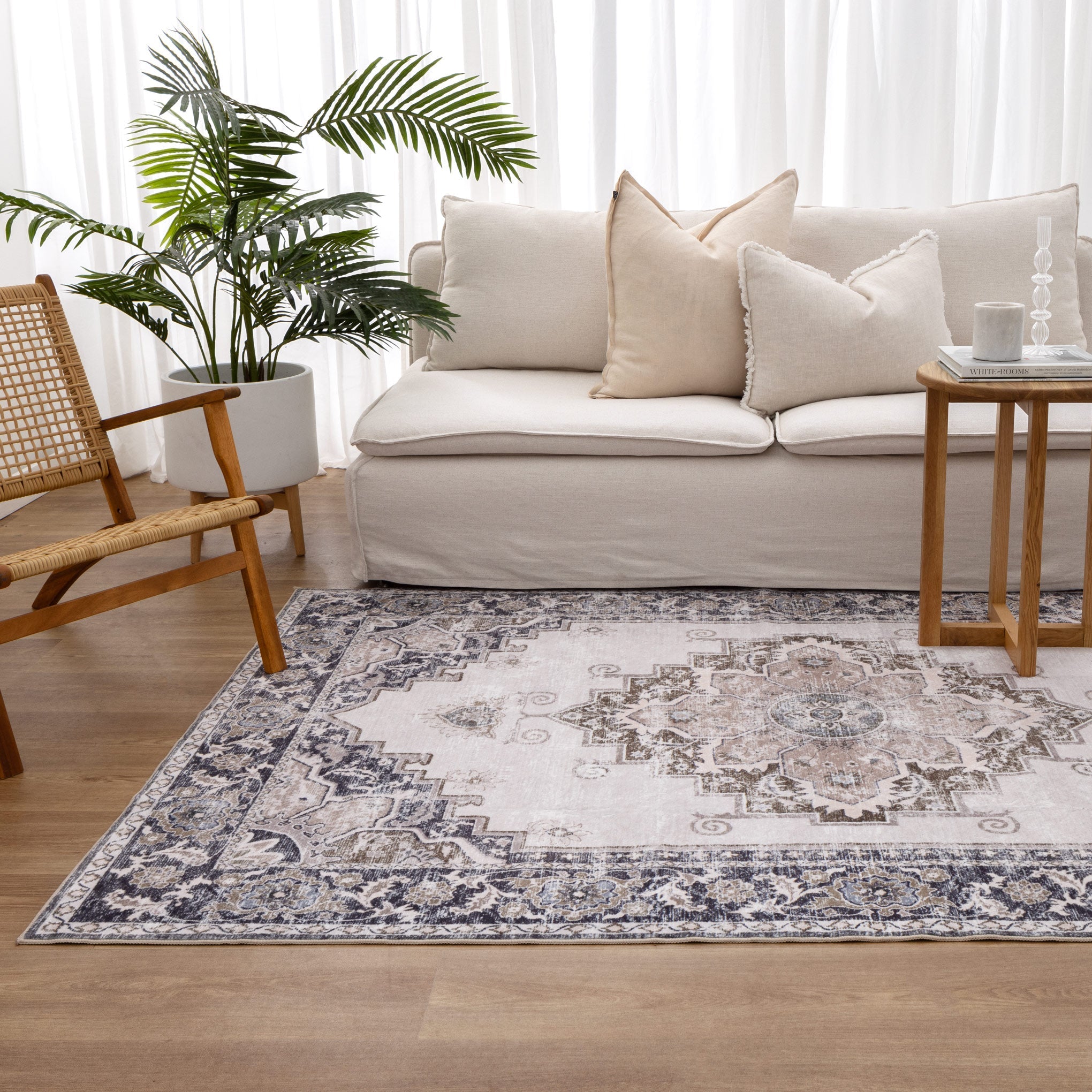 Washwell Beige Grey Machine Washable Rug - WASH004